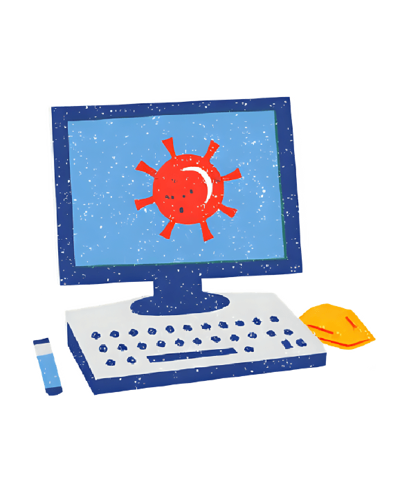 Illustrasjon av PC med virusikon – bruk antivirus for å skanne maskinen